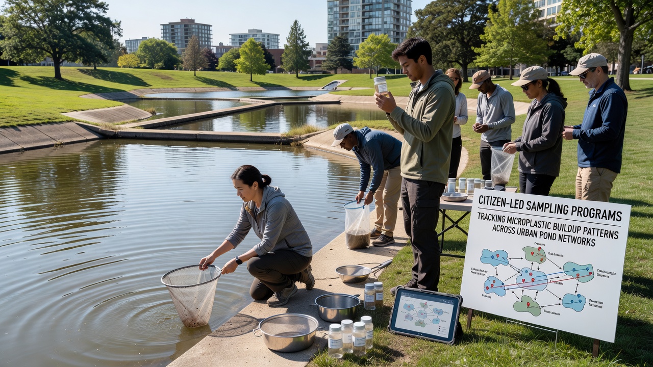 Microscopic view of microplastic particles filtered from pond water samples