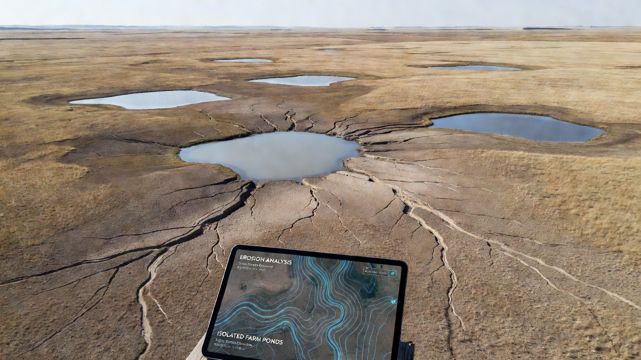 Detailed drone map highlighting subtle erosion zones surrounding a farm pond